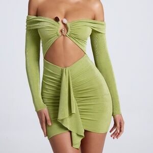Oh Polly Hardware Detail Off-Shoulder Cut-Out Mini Dress in Olive Green size 2